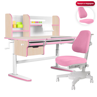 Комплект Kinderzen Dali Plus парта + кресло + надстройка + выдвижной ящик + органайзер + подставка для книг клен/розовый с розовым креслом Armata